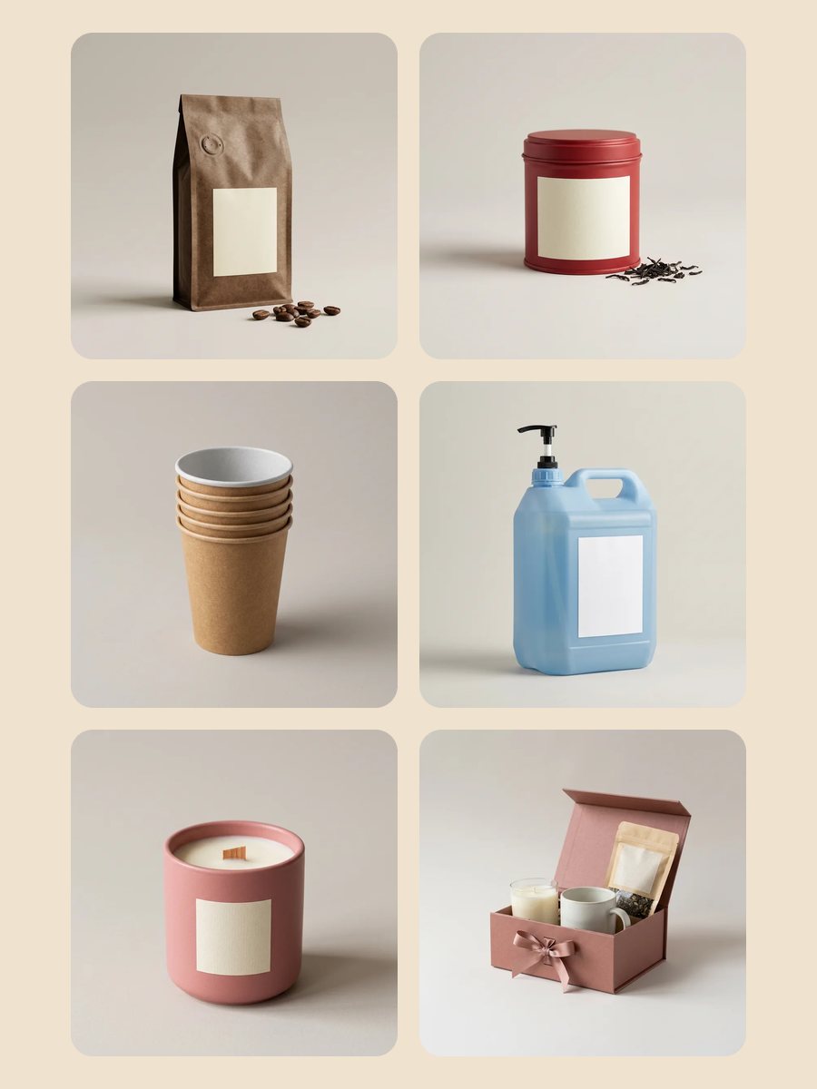 A shelf of coffee, tea, cups, cleaning supplies and homewares